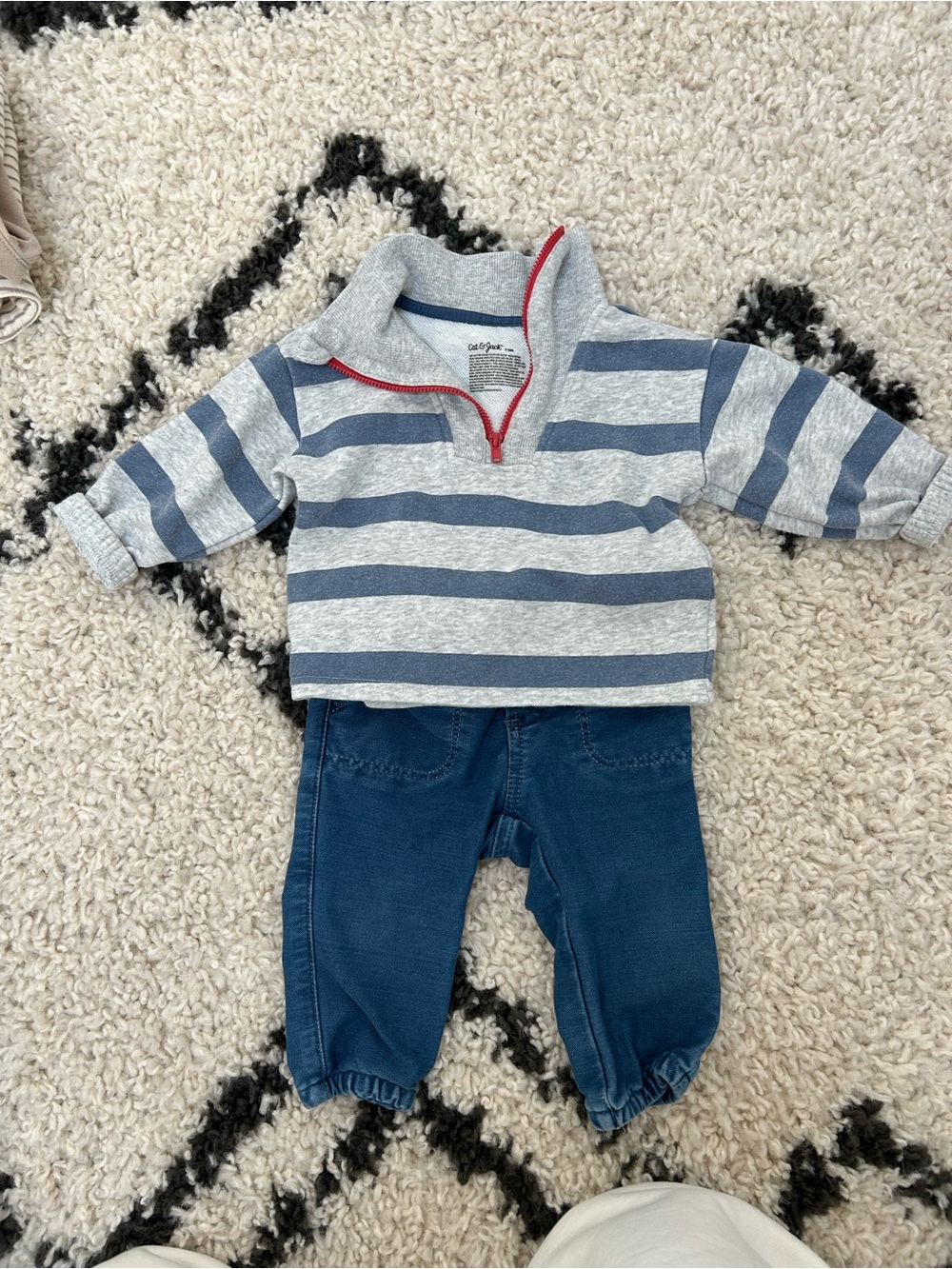 Striped Gray & Blue Baby Pullover with Navy Joggers CAT AND JACK top GAP jeans